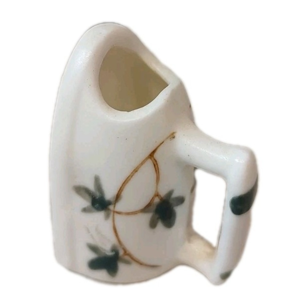 Vtg Miniature Iron Bone‎ China Toothpick  Holder Green Floral  2" Cottage Core